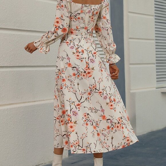 Apricot Boho Allover Floral Print Flounce Sleeve Knot Front Split Thigh Dr… - Picture 3 of 5